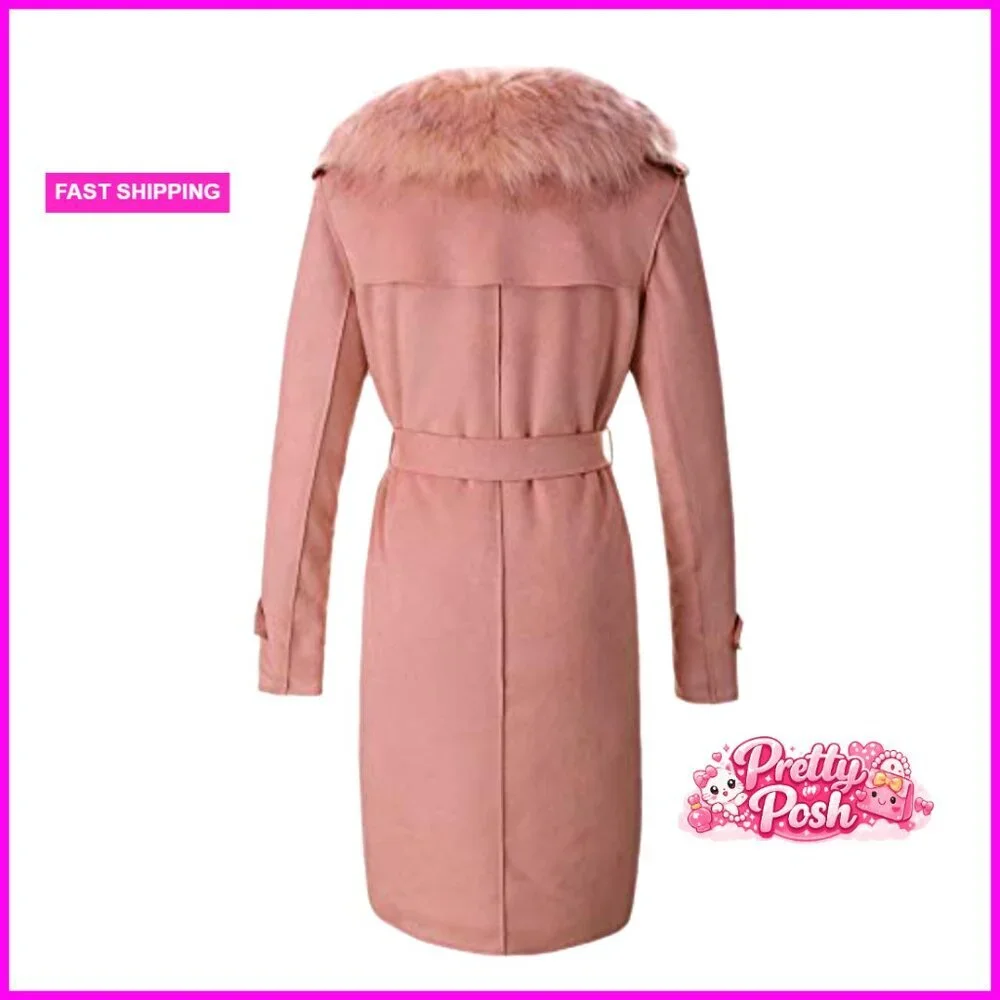 Faux Leather Trench Coat Fleece-Lined with Detachable Fur Collar - Picture 2 of 7